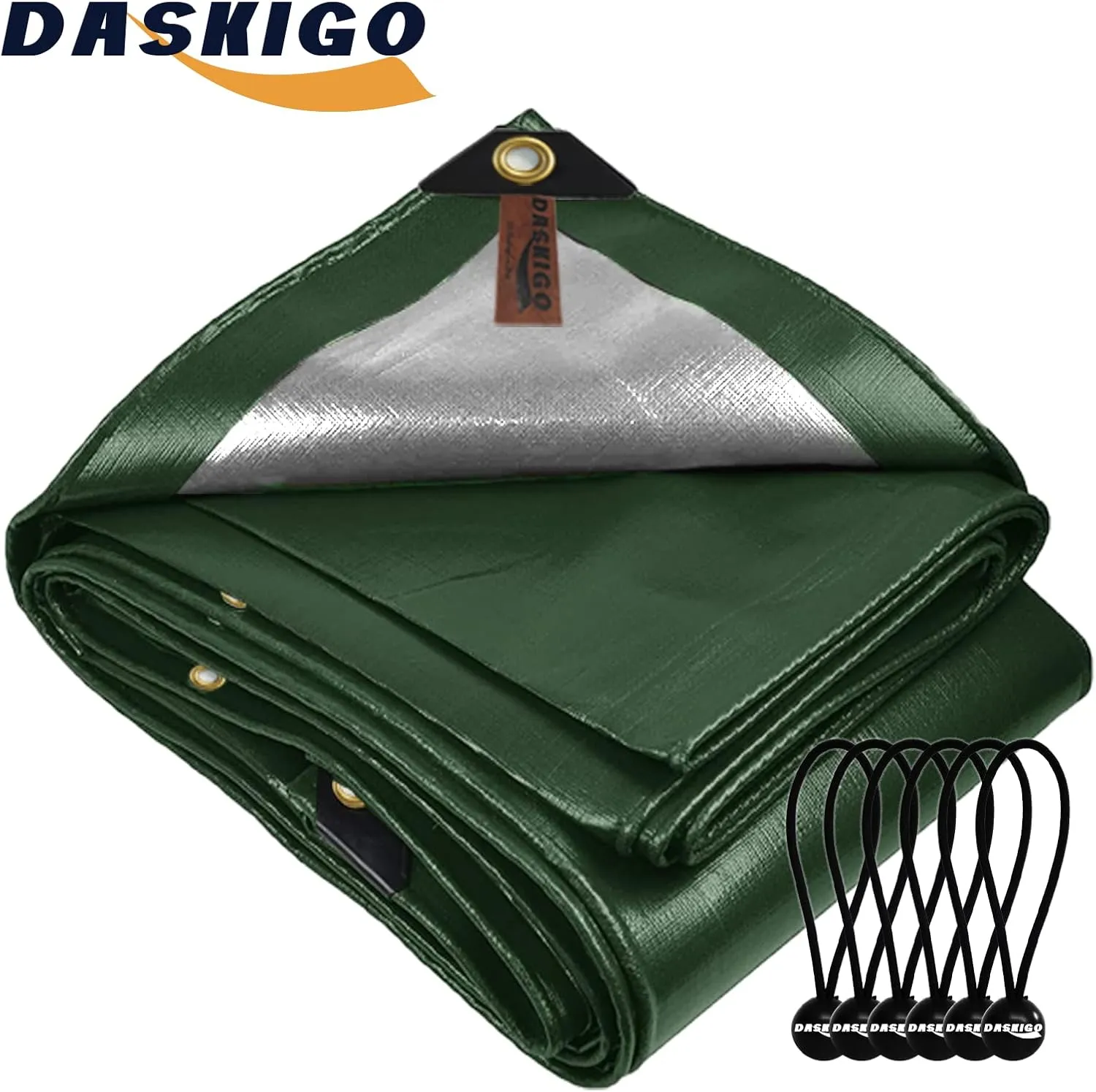 10 x 10Ft Extra Heavy Duty 12 Mil Thick Waterproof Green&Silver Tarp Cover Sheet & 6 Pcs Bungee Balls