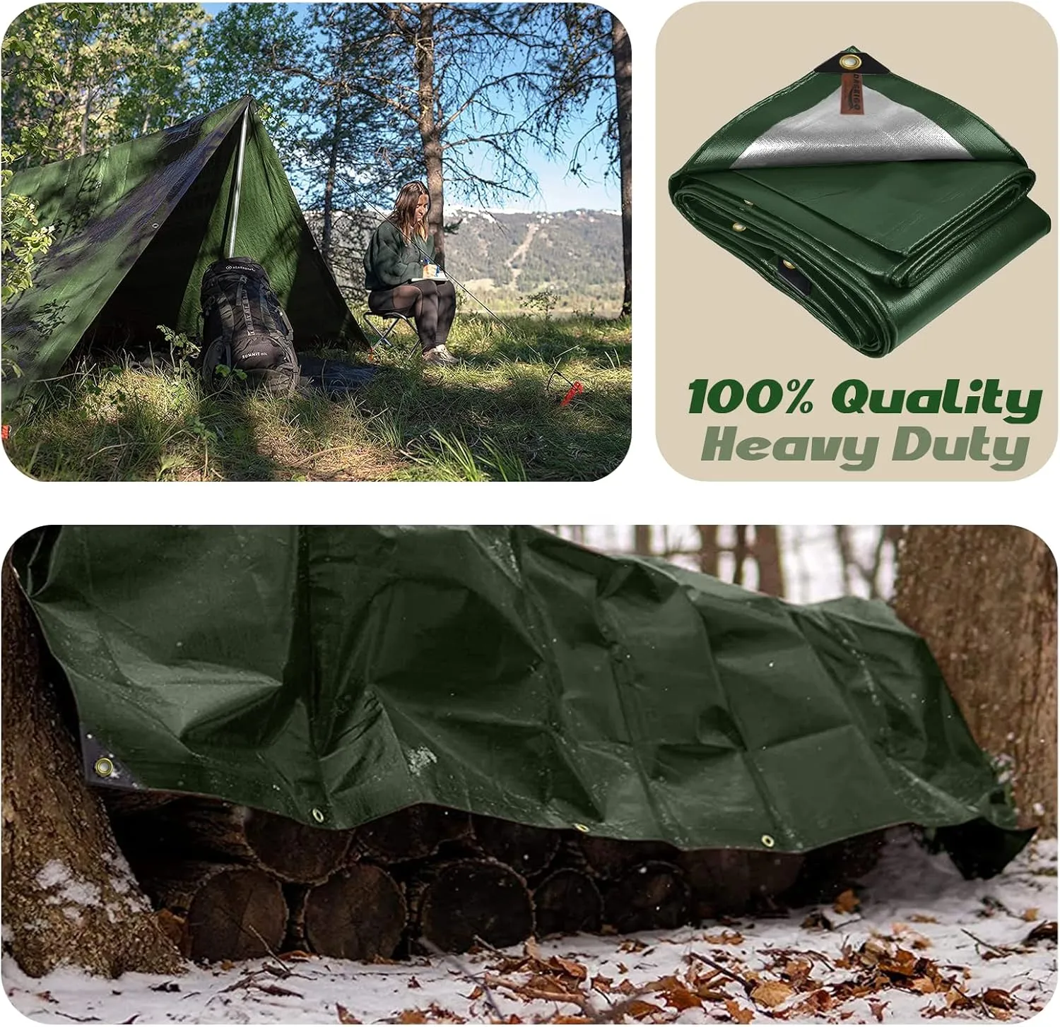 10 x 10Ft Extra Heavy Duty 12 Mil Thick Waterproof Green&Silver Tarp Cover Sheet & 6 Pcs Bungee Balls