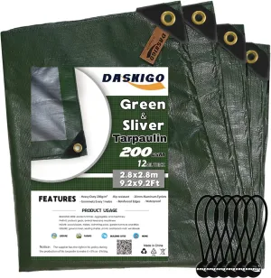 10 x 10Ft Extra Heavy Duty 12 Mil Thick Waterproof Green&Silver Tarp Cover Sheet & 6 Pcs Bungee Balls