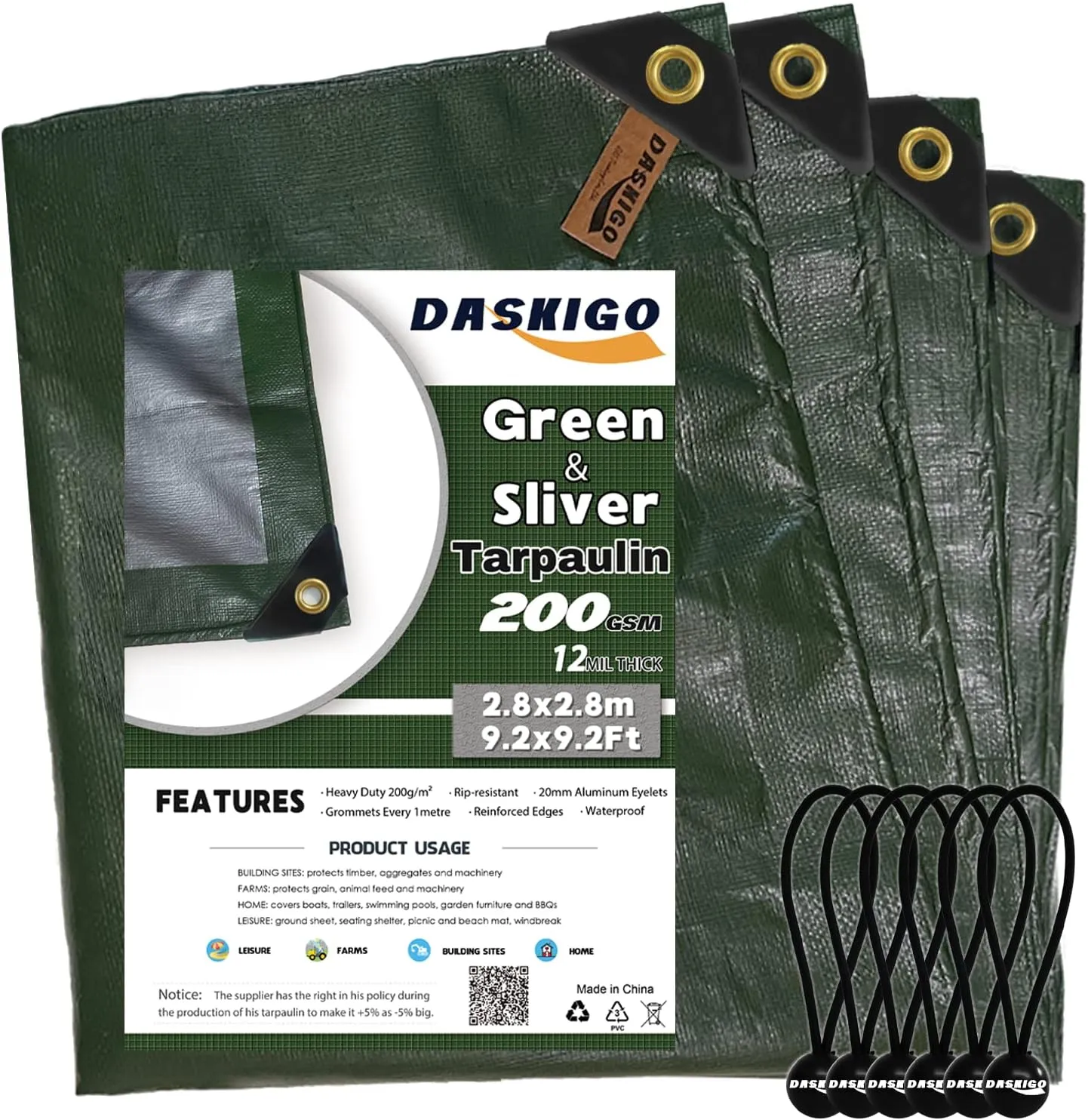 10 x 10Ft Extra Heavy Duty 12 Mil Thick Waterproof Green&Silver Tarp Cover Sheet & 6 Pcs Bungee Balls