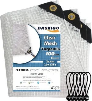 10 x 13Ft Heavy Duty Waterproof Tarps Reinforced Mesh Clear Tarp Cover Sheet & 6 PCS Bungee Balls