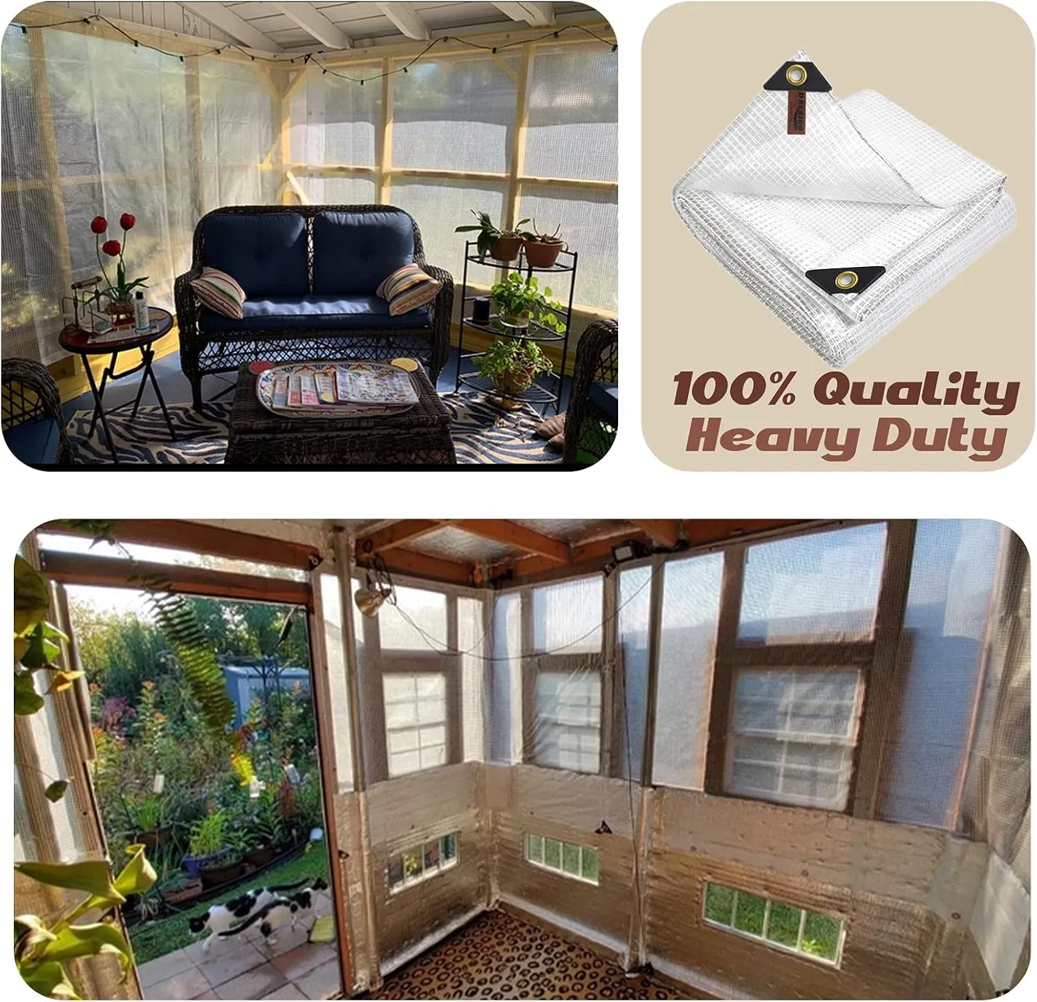 10 x 13Ft Heavy Duty Waterproof Tarps Reinforced Mesh Clear Tarp Cover Sheet & 6 PCS Bungee Balls