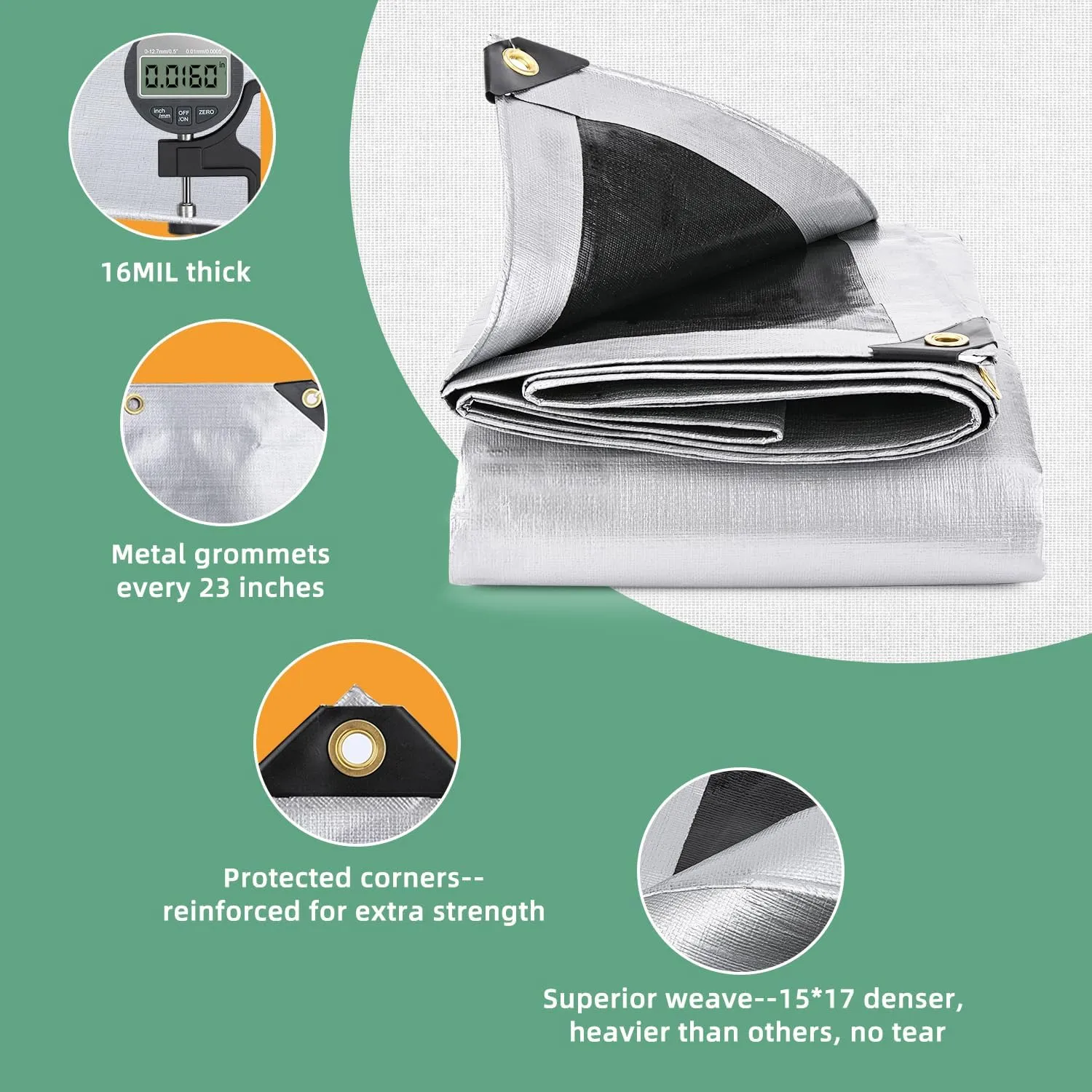 10x20FT Waterproof Tarp, Yumatum 16 Mil Heavy Duty Tarps with Reinforced Edges/Brass Grommets, 100% UV Blocking/Tear Resistant Poly Tarp for Camping, Patio, Tent, Boat(Silver/Black)