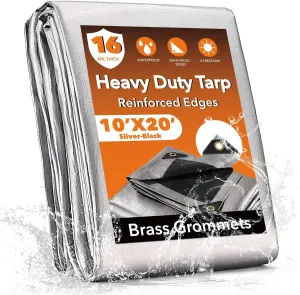 10x20FT Waterproof Tarp, Yumatum 16 Mil Heavy Duty Tarps with Reinforced Edges/Brass Grommets, 100% UV Blocking/Tear Resistant Poly Tarp for Camping, Patio, Tent, Boat(Silver/Black)