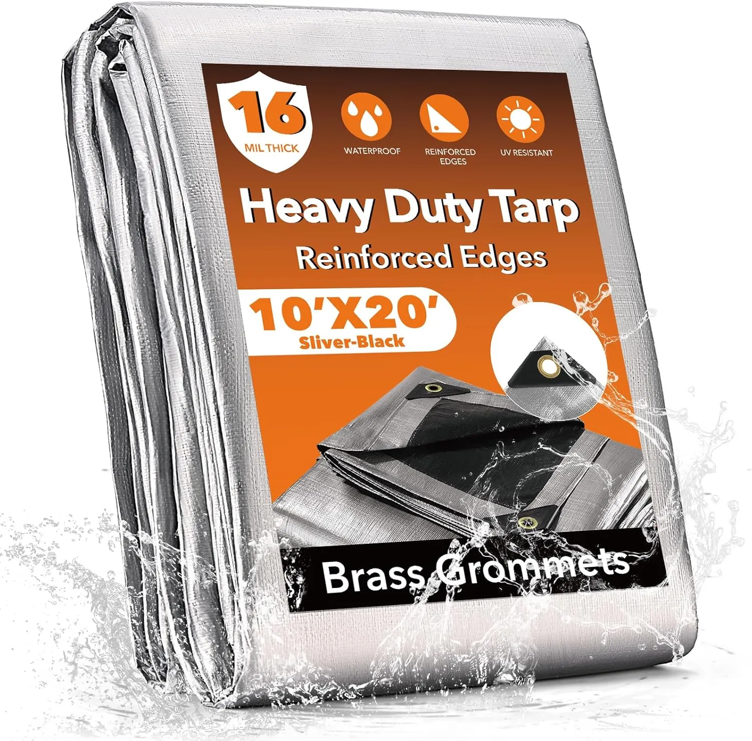 10x20FT Waterproof Tarp, Yumatum 16 Mil Heavy Duty Tarps with Reinforced Edges/Brass Grommets, 100% UV Blocking/Tear Resistant Poly Tarp for Camping, Patio, Tent, Boat(Silver/Black)