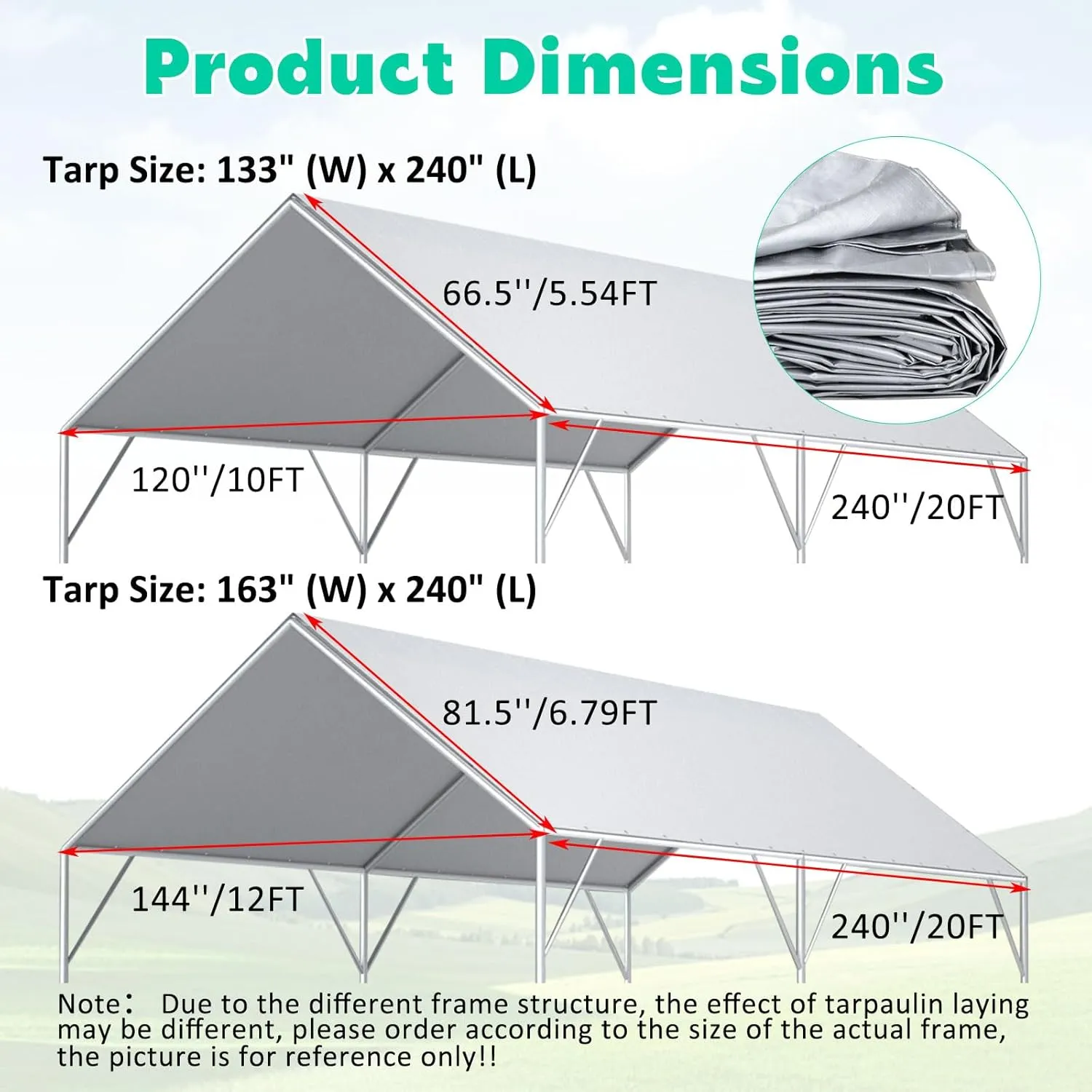 12 x 20 Ft Carport Replacement Canopy Cover Garage Top Tent Shelter Tarp,200G Heavy Duty Car Port Canopy Tent,Grey Waterproof and UV Protected Tarp with 50 Ball Bungees (Frame Not Include)