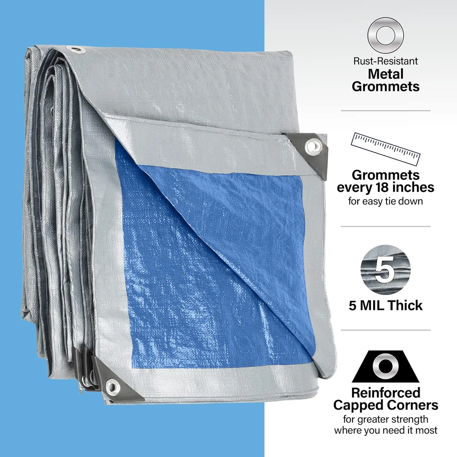 12x20 Tarp Waterproof Plastic Tarp with Grommets Every 18 Inches - 5 Mil - Multipurpose Water Proof Rain Cover, Outdoor, Garden, Camping, Emergency Survival (Reversible Tarpaulin, Blue and Silver)