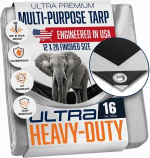 12x20 Ultra Heavy Duty Tarp, Extra Thick 16 Mil, UV Resistant, Grommets Every 18 Inches - Waterproof Plastic Poly Tarpaulin - (Reversible, Silver and Black) (12' x 20' Feet)