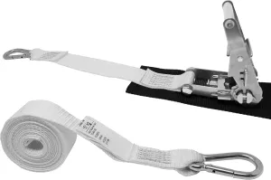 1.5 Inch Stainless Steel Ratchet Strap with Protective Pad Under Buckle, Stainless Steel Carabiner Clip with Grommet On Both Ends, Total Strap Length 10 Ft.