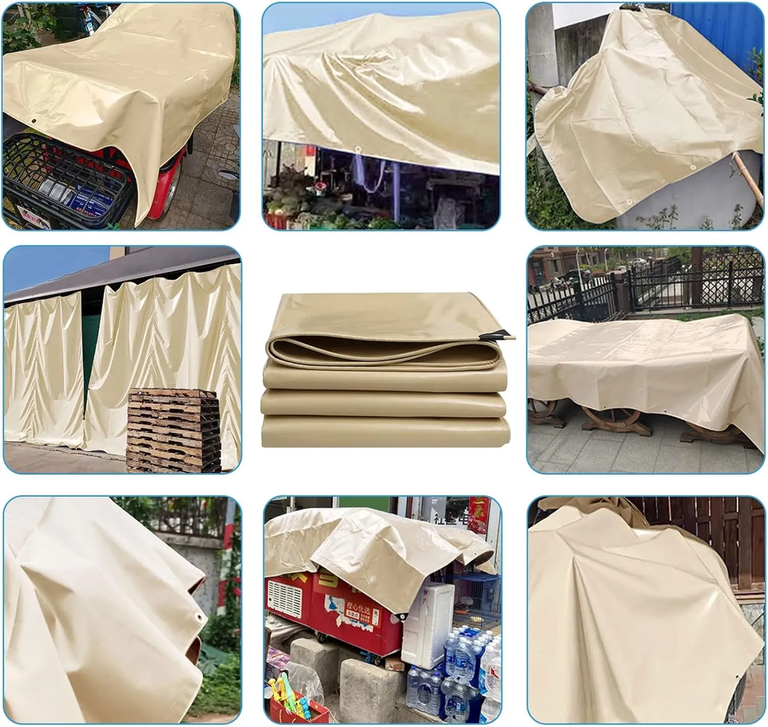 1.5mx6m/2mx2m/2mx3m/2mx4m/3mx6m Beige Heavy Duty Tarpaulin Cover 500g/㎡ PVC Waterproof Tarpaulins Sheet for Rain Shelter, Camping, Outdoor and Pool Tarp Cover, with Metal Grommets(1x5m)