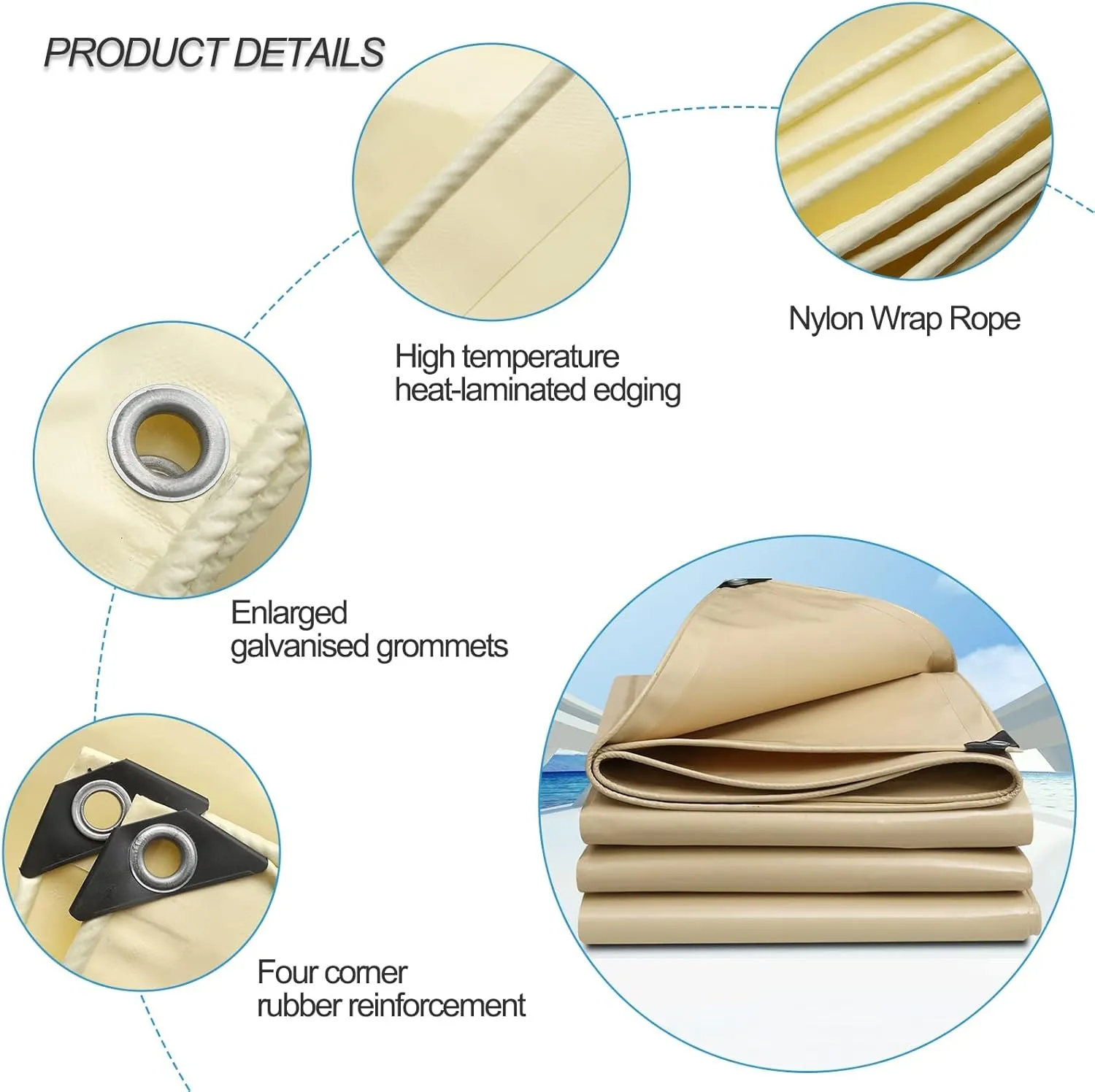 1.5mx6m/2mx2m/2mx3m/2mx4m/3mx6m Beige Heavy Duty Tarpaulin Cover 500g/㎡ PVC Waterproof Tarpaulins Sheet for Rain Shelter, Camping, Outdoor and Pool Tarp Cover, with Metal Grommets(1x5m)