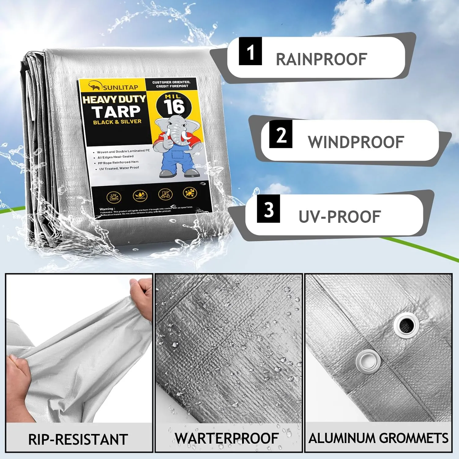 16 Mil Heavy Duty Waterproof Tarps, 10x20 Ft Finished Size Tarps, Premium Tarp with Metal Grommets & Reinforced Edge, Multipurpose Thick Poly Tar for Car, Boat, Roof, Camping - Silver