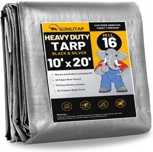 16 Mil Heavy Duty Waterproof Tarps, 10x20 Ft Finished Size Tarps, Premium Tarp with Metal Grommets & Reinforced Edge, Multipurpose Thick Poly Tar for Car, Boat, Roof, Camping - Silver