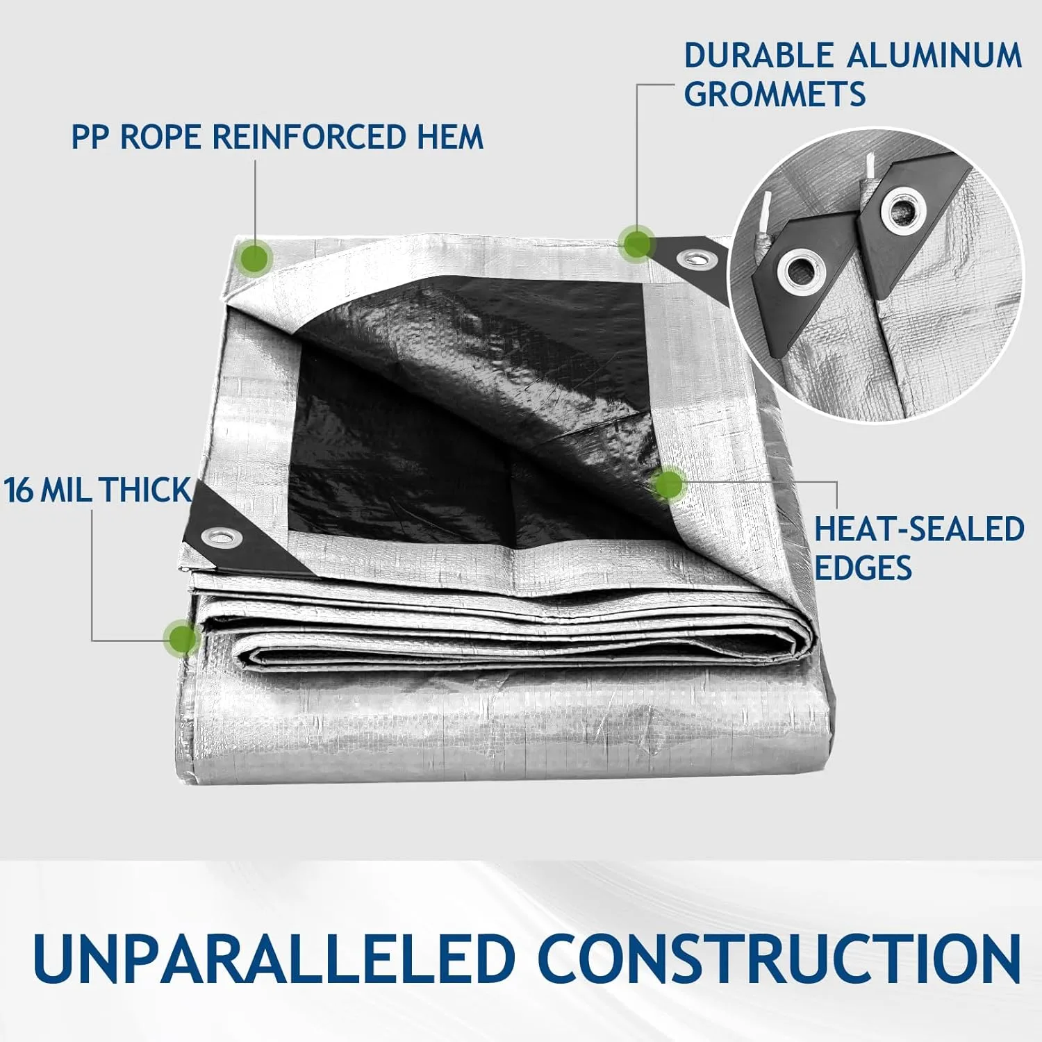 16 Mil Heavy Duty Waterproof Tarps, 10x20 Ft Finished Size Tarps, Premium Tarp with Metal Grommets & Reinforced Edge, Multipurpose Thick Poly Tar for Car, Boat, Roof, Camping - Silver