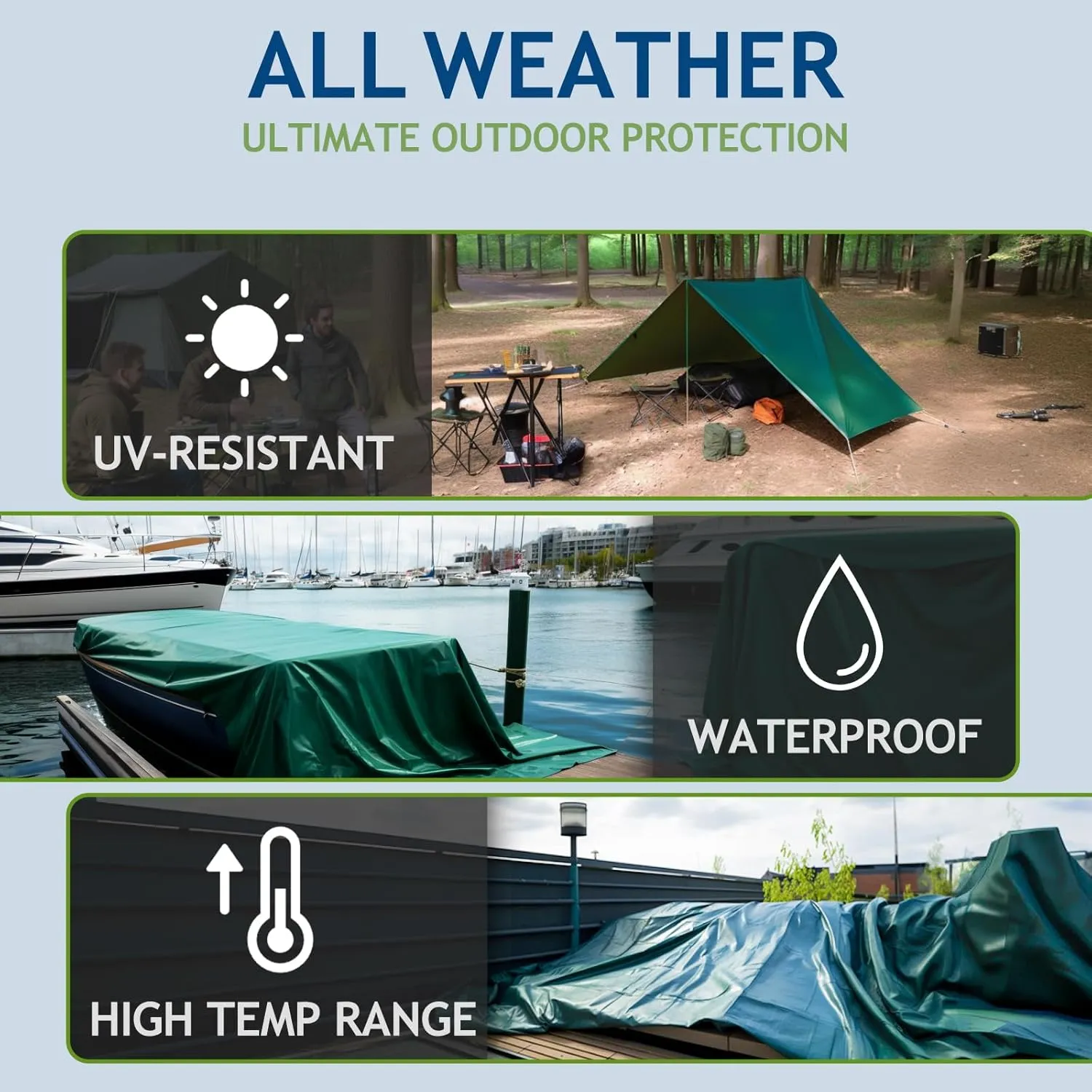 16 Mil Heavy Duty Waterproof Tarps, 20x30 Ft Finished Size Tarps, Premium Tarp with Metal Grommets & Reinforced Edge, Multipurpose Thick Poly Tar for Car, Boat, Roof, Camping - Green