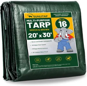 16 Mil Heavy Duty Waterproof Tarps, 20x30 Ft Finished Size Tarps, Premium Tarp with Metal Grommets & Reinforced Edge, Multipurpose Thick Poly Tar for Car, Boat, Roof, Camping - Green