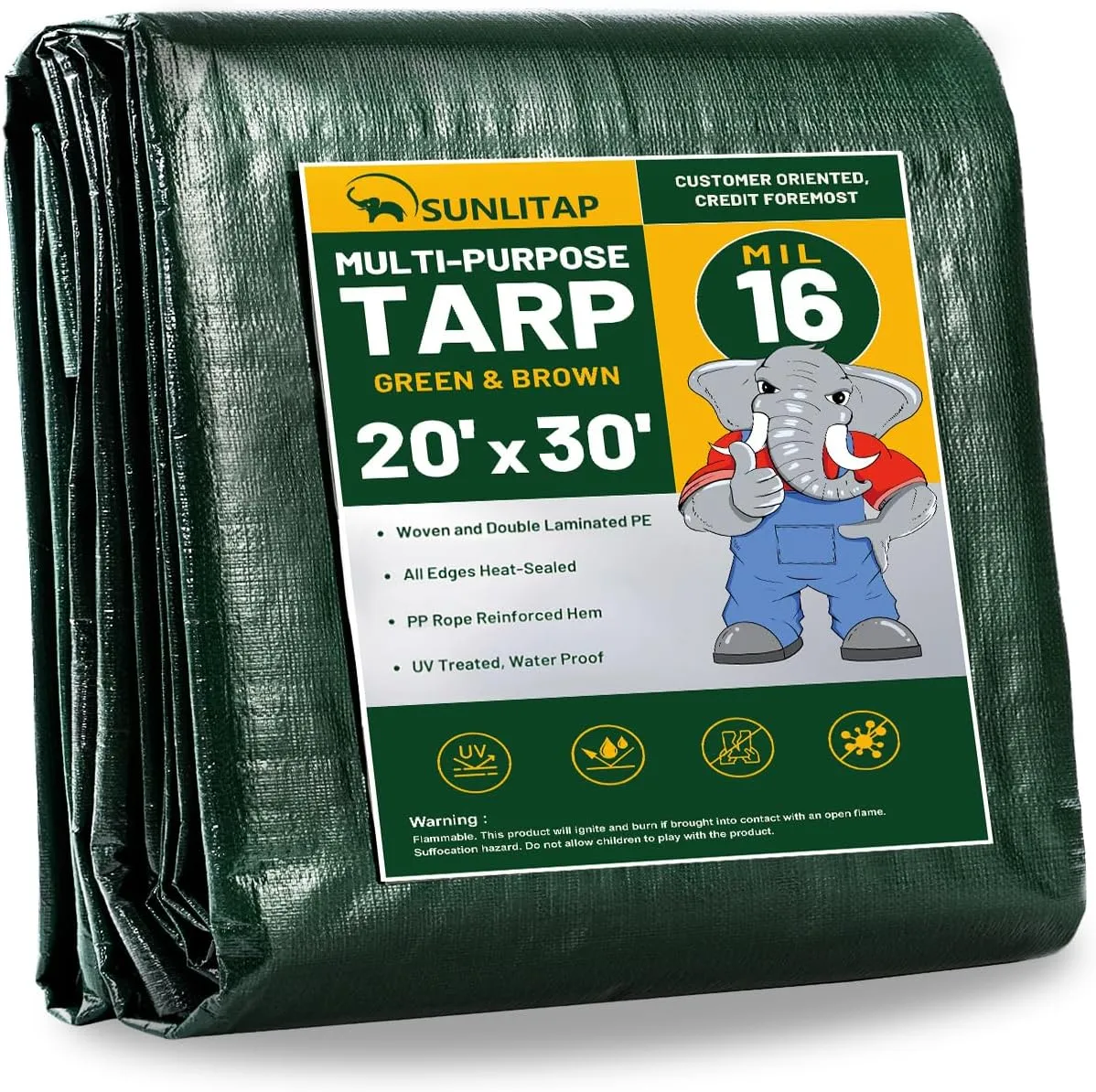 16 Mil Heavy Duty Waterproof Tarps, 20x30 Ft Finished Size Tarps, Premium Tarp with Metal Grommets & Reinforced Edge, Multipurpose Thick Poly Tar for Car, Boat, Roof, Camping - Green