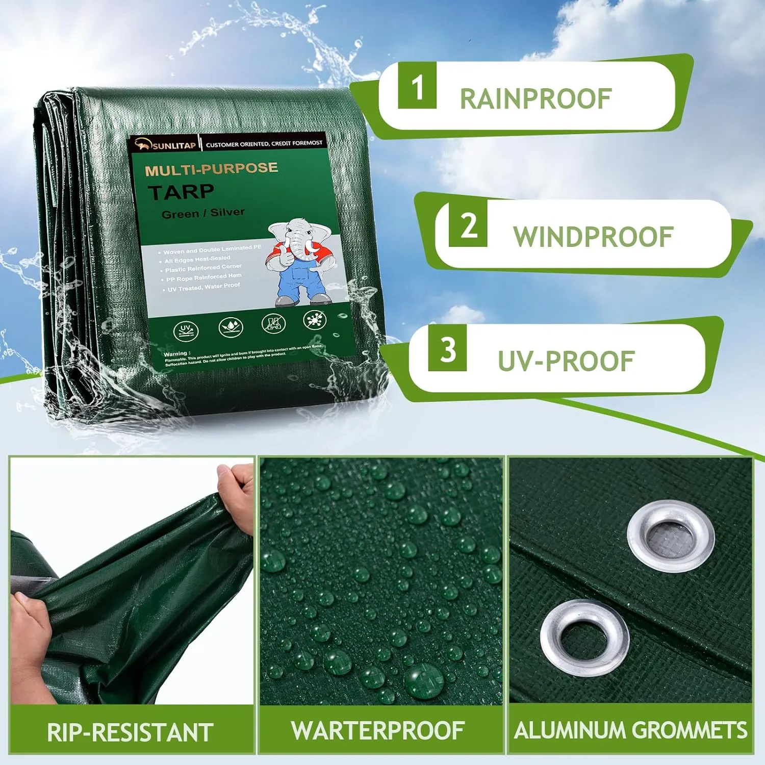 16 Mil Heavy Duty Waterproof Tarps, 20x30 Ft Finished Size Tarps, Premium Tarp with Metal Grommets & Reinforced Edge, Multipurpose Thick Poly Tar for Car, Boat, Roof, Camping - Green