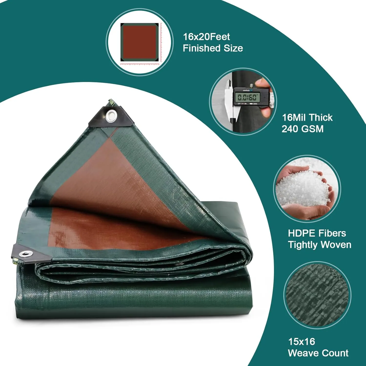 16Mil Finished Size 16x20 Tarp Heavy Duty Waterproof, Large Outdoor Multipurpose Protective Cover (Green/Brown)