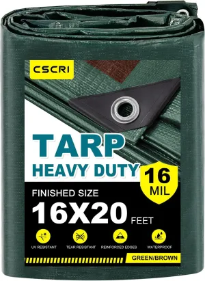 16Mil Finished Size 16x20 Tarp Heavy Duty Waterproof, Large Outdoor Multipurpose Protective Cover (Green/Brown)