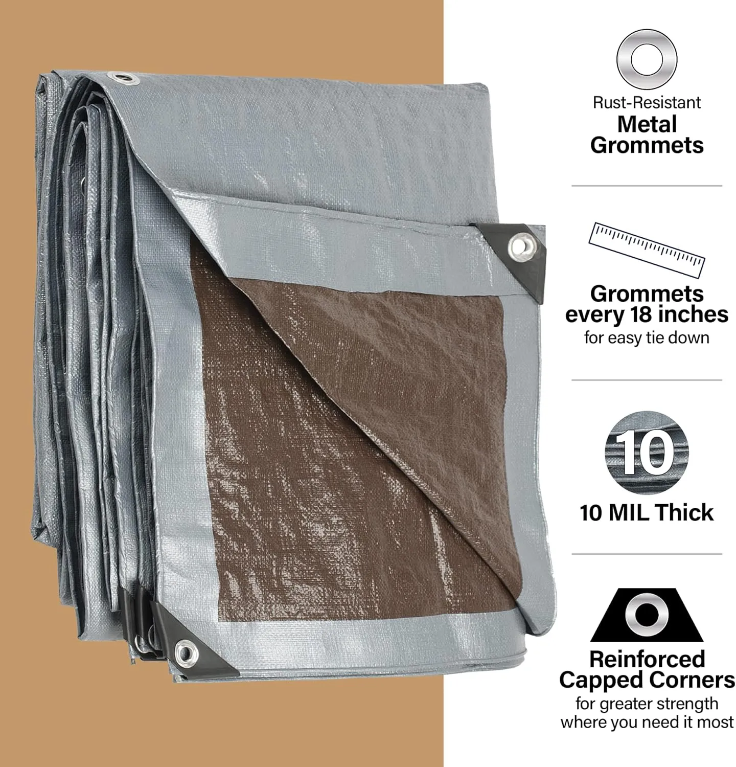 16x16 Heavy Duty Tarp, 10 Mil Thick, Waterproof, Tear & Fade Resistant, High Durability, UV Treated, Grommets Every 18 Inches. (Silver/Brown - Reversible) (16 x 16 Feet)