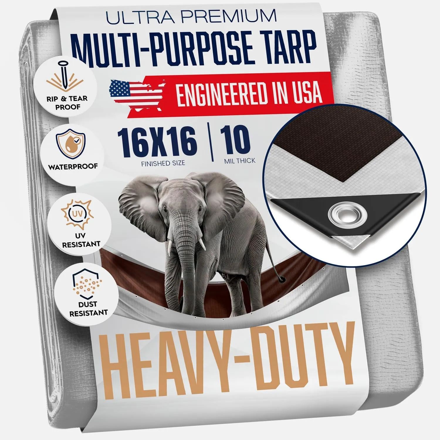 16x16 Heavy Duty Tarp, 10 Mil Thick, Waterproof, Tear & Fade Resistant, High Durability, UV Treated, Grommets Every 18 Inches. (Silver/Brown - Reversible) (16 x 16 Feet)