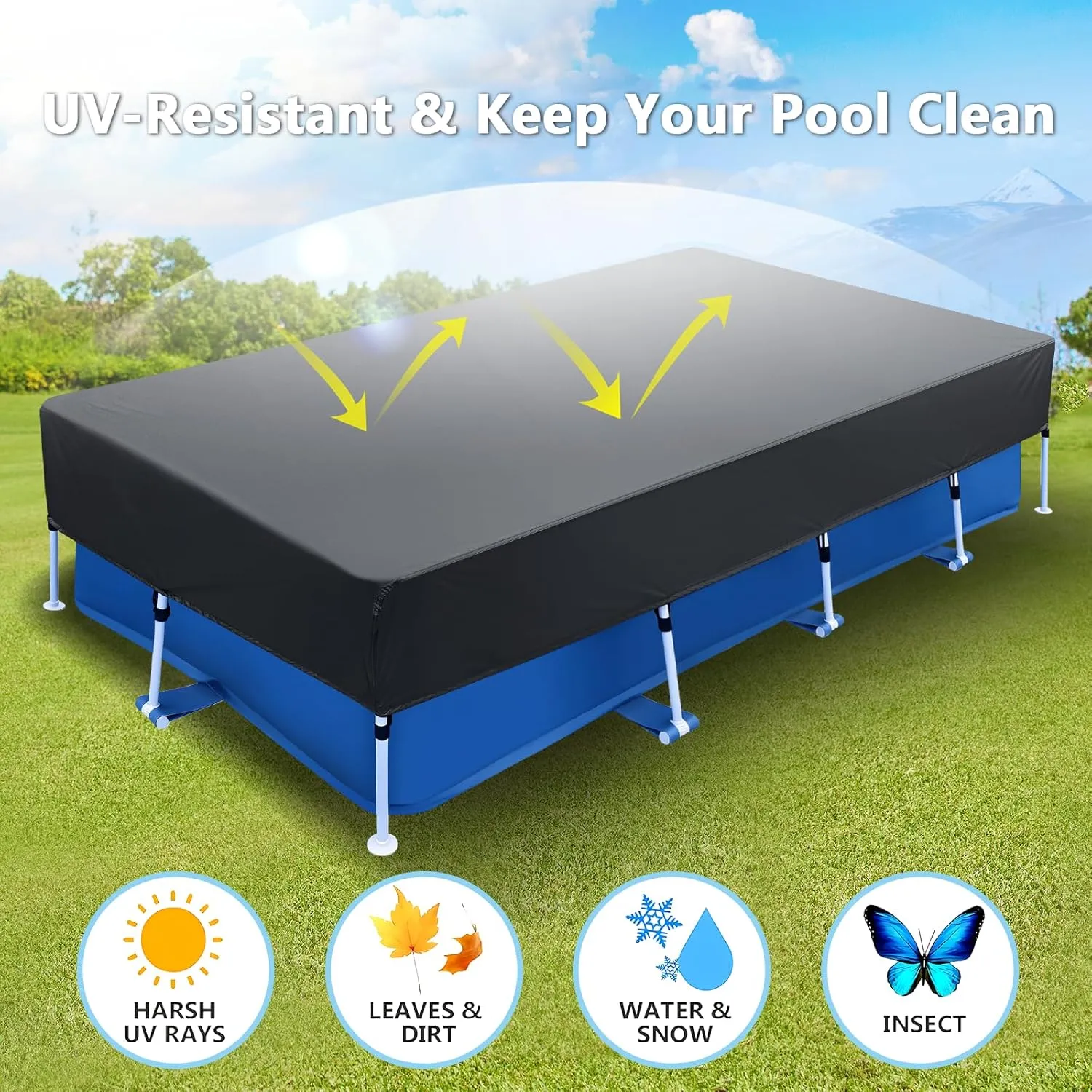 177 x 87 in Rectangle Pool Cover Drawstring Design 14x7 Rectangular Frame Swimming 14 Foot Pool Cover for 178x86 Above Ground Pools Durable and Tear-Resistant Winter Pool Cover