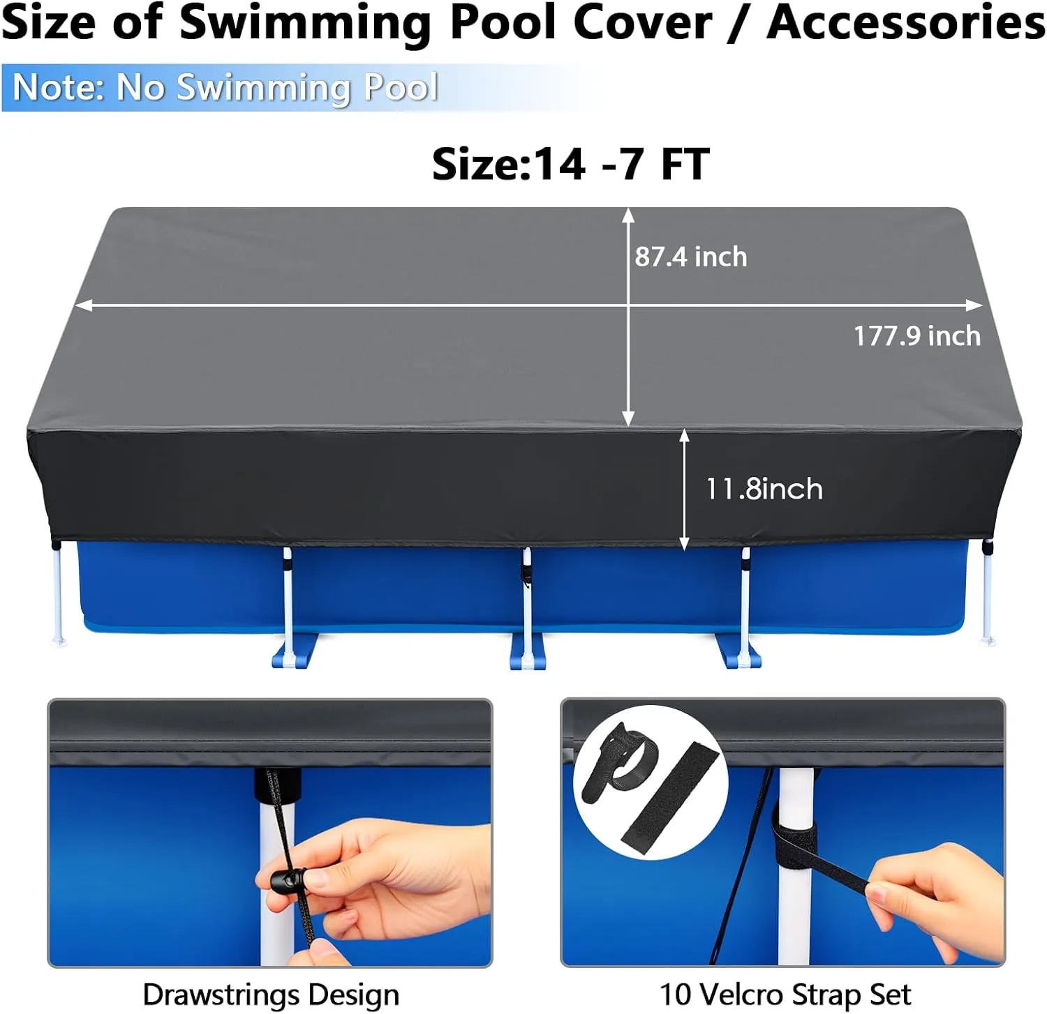 177 x 87 in Rectangle Pool Cover Drawstring Design 14x7 Rectangular Frame Swimming 14 Foot Pool Cover for 178x86 Above Ground Pools Durable and Tear-Resistant Winter Pool Cover