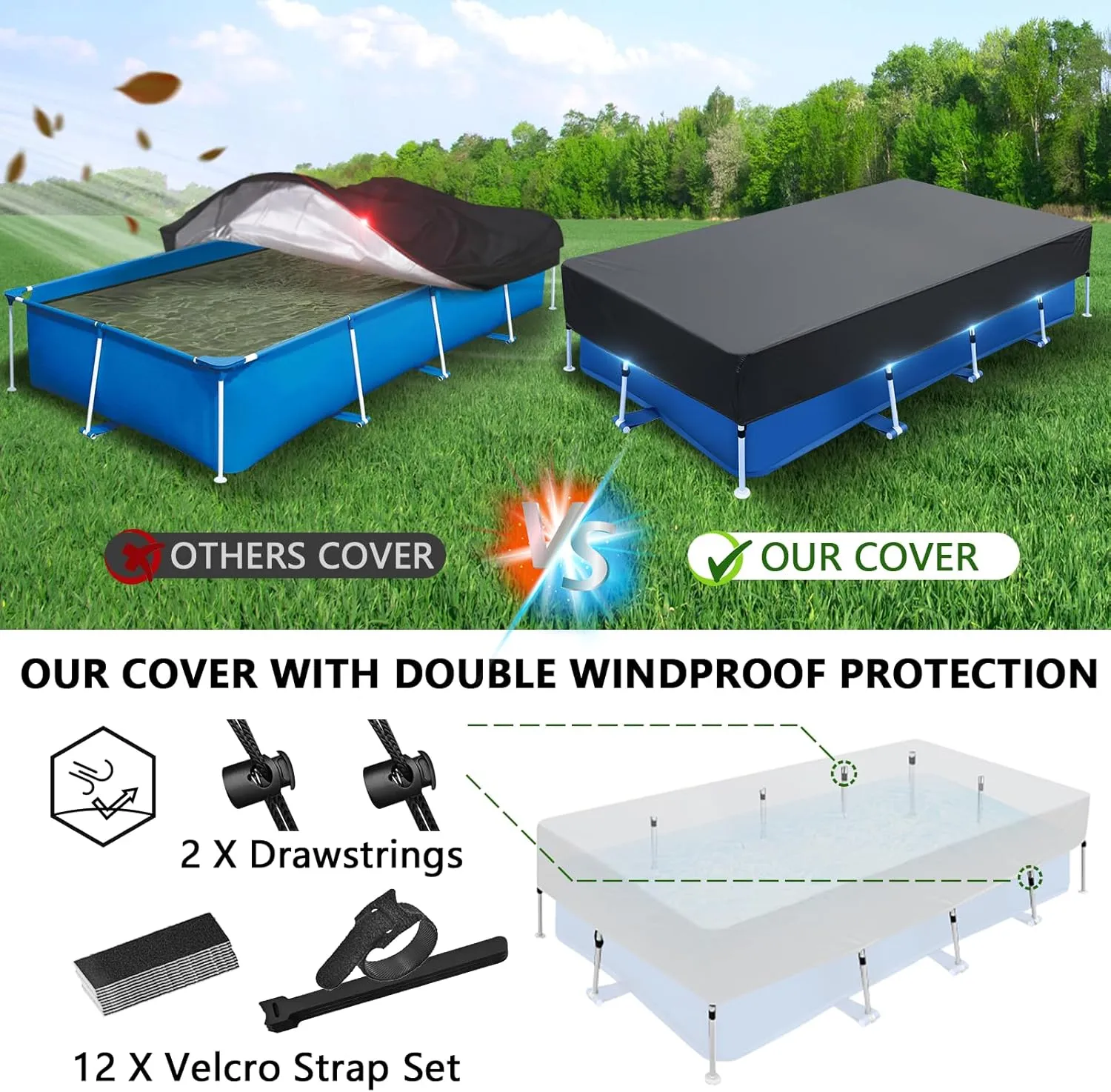 177 x 87 in Rectangle Pool Cover Drawstring Design 14x7 Rectangular Frame Swimming 14 Foot Pool Cover for 178x86 Above Ground Pools Durable and Tear-Resistant Winter Pool Cover