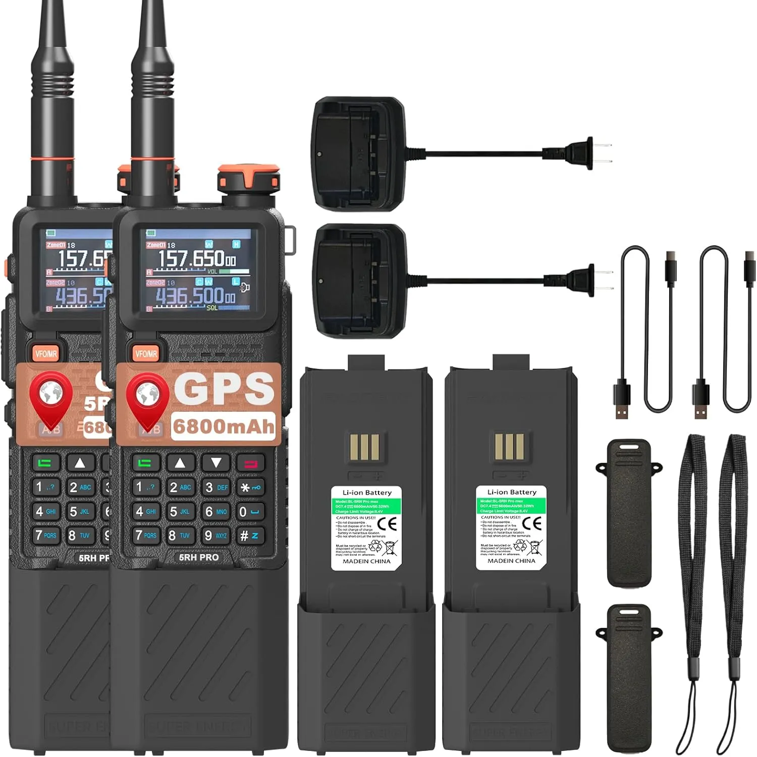2 Pack BAOFENG 5RH Pro GPS Handheld Radio Multi-Band 6800mAh USB-C Charger Battery Copy Frequency 640 Channels Walkie Talkie APRS Radio for Adult