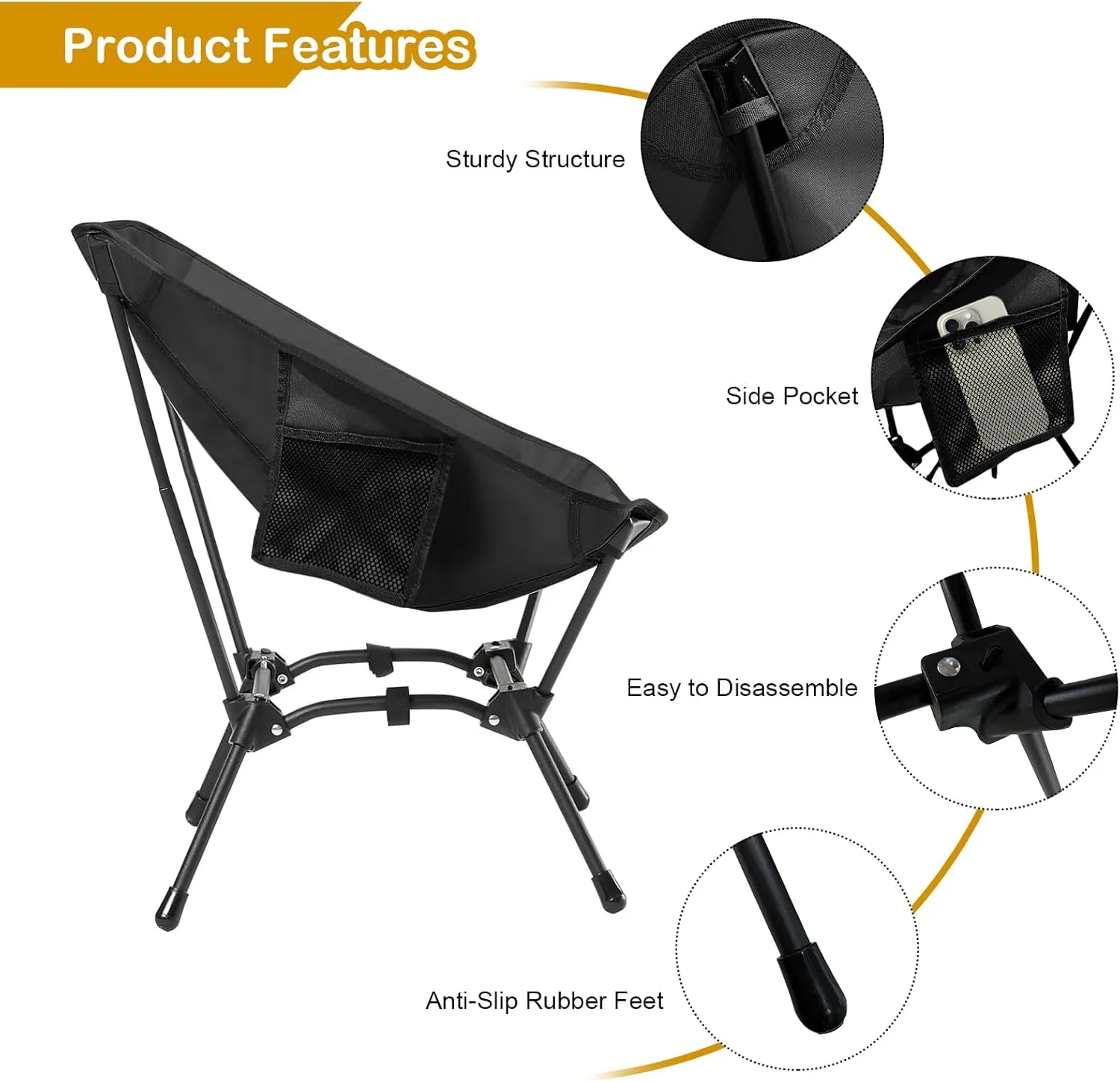 2 Pack Folding Camping Chair, Adjustable 2-Way Camping Chairs for Adults Portable Foldable Compact Backpacking Chair for Outdoor Hiking Picnic Beach BBQ-Black