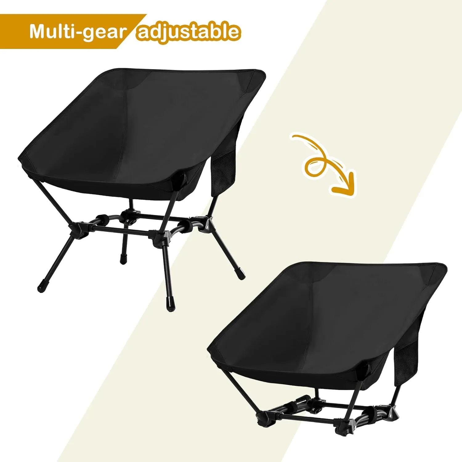 2 Pack Folding Camping Chair, Adjustable 2-Way Camping Chairs for Adults Portable Foldable Compact Backpacking Chair for Outdoor Hiking Picnic Beach BBQ-Black