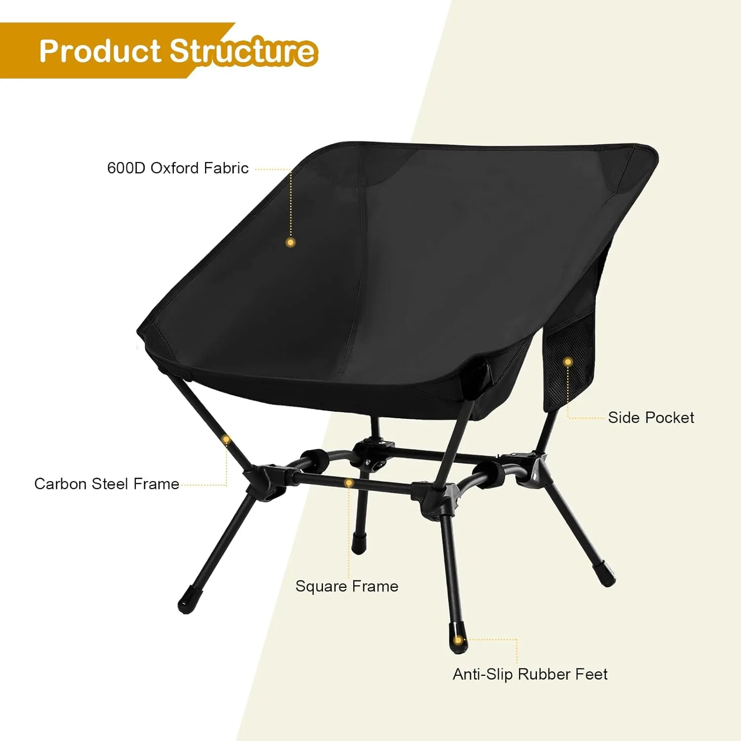 2 Pack Folding Camping Chair, Adjustable 2-Way Camping Chairs for Adults Portable Foldable Compact Backpacking Chair for Outdoor Hiking Picnic Beach BBQ-Black