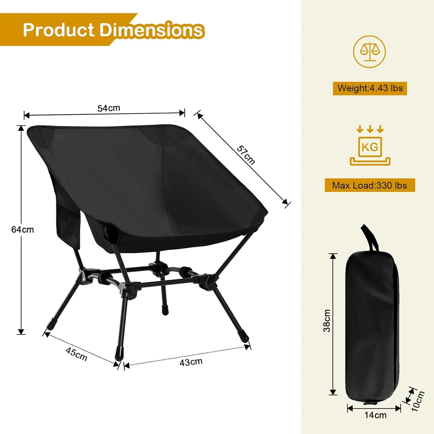 2 Pack Folding Camping Chair, Adjustable 2-Way Camping Chairs for Adults Portable Foldable Compact Backpacking Chair for Outdoor Hiking Picnic Beach BBQ-Black