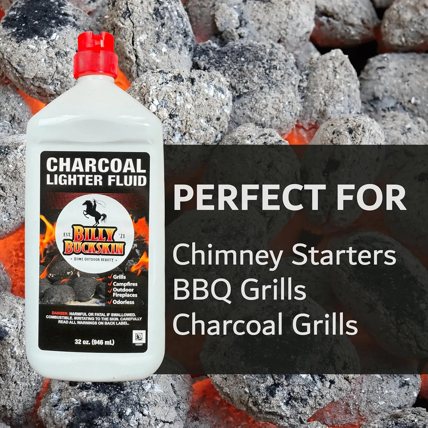 2 x 1 Quart Lighter Fuel Bottle, Clean Burning, Low Odor & Fast Lighting Charcoal Lighter Fluid, Perfect Fire Starter for Outdoor BBQ Grilling, Camping, Charcoal, Wood Fire & Bonfire by Billy Buckskin