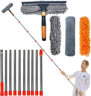 20 ft  Reach Squeegee Window Cleaner Duster 2 in 1 Rotatable Window Cleaning Tool Kit with 3-14 ft Extension Pole, Window Washing Equipment for Indoor Outdoor Window Car Glass - 3 Pads