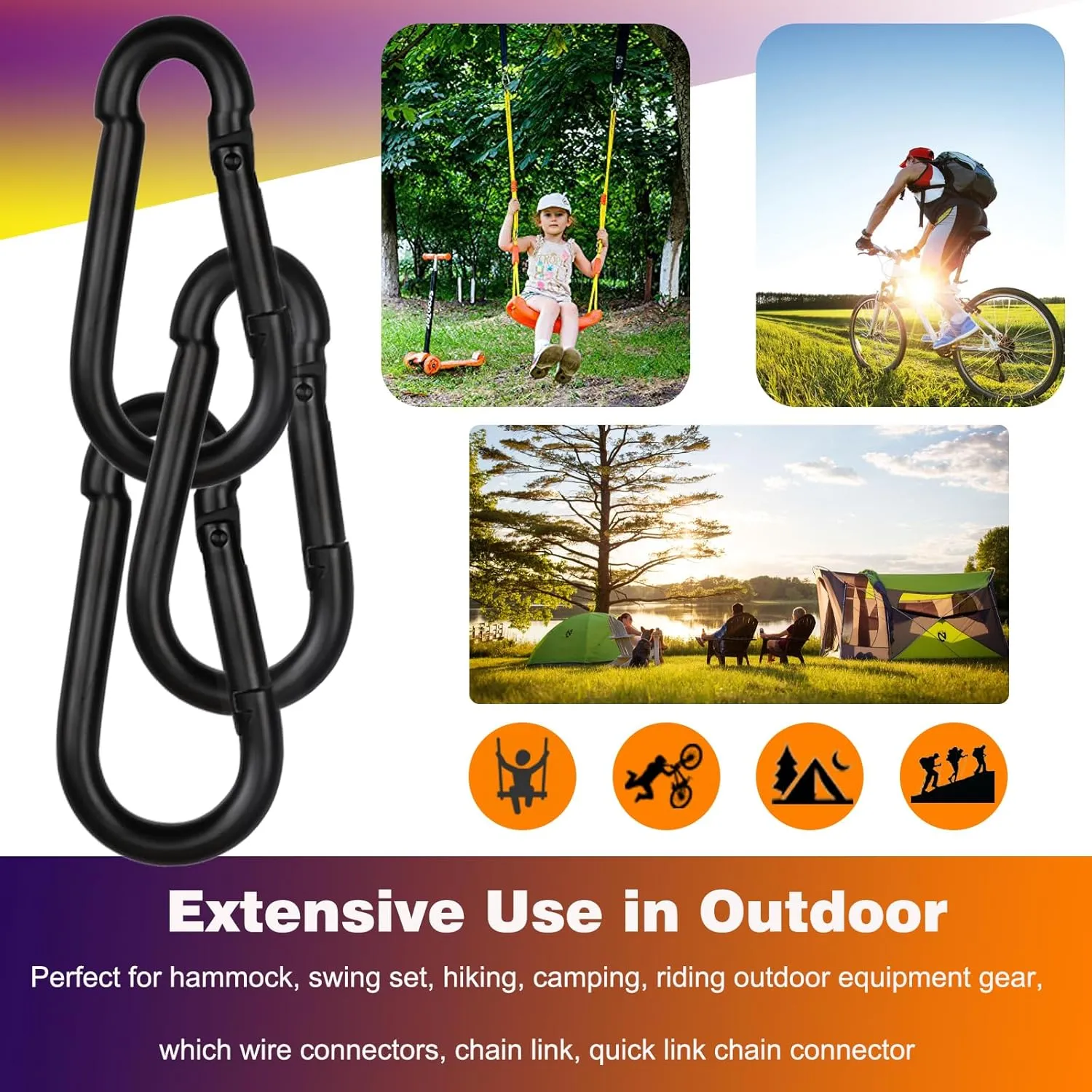 200PCS M5 Black Carabiner Clip, 3/16Inch Snap Hook Quick Link Small Carabiner Clips, 2'' Spring Link Buckle for Fishing Camping Hammock Dog Leashes-220LBS Holding Capacity.