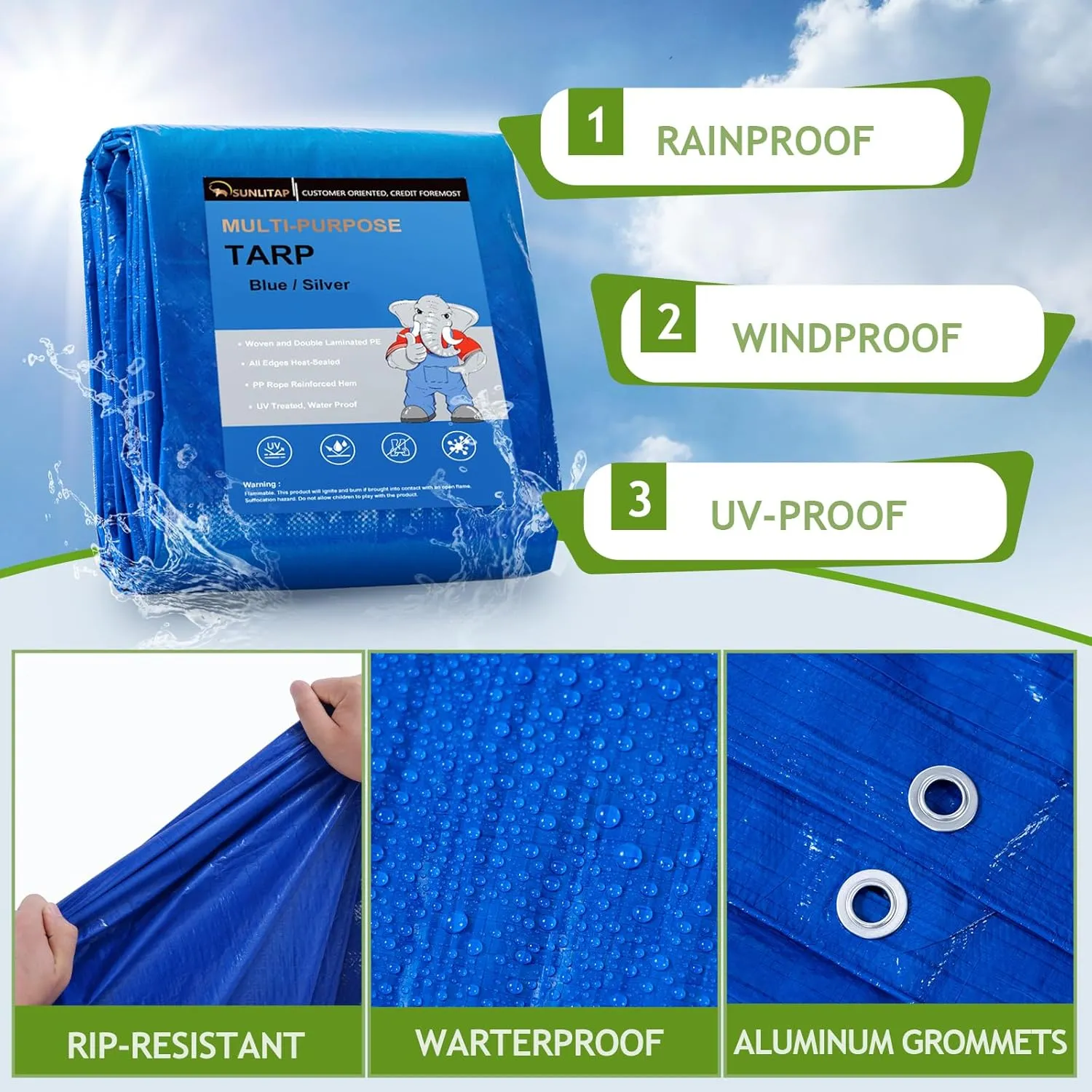 20x30Ft Tarp Cover 5 MIL Waterproof Poly Tarps, Light Duty Tarpaulin with Grommets, Reinforced Edges, Rip & Tear Proof, Multipurpose Finished Size Tarp for Cars, Boat, Roof, Camping - Blue