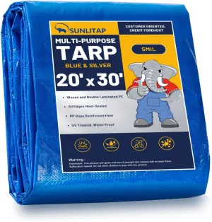 20x30Ft Tarp Cover 5 MIL Waterproof Poly Tarps, Light Duty Tarpaulin with Grommets, Reinforced Edges, Rip & Tear Proof, Multipurpose Finished Size Tarp for Cars, Boat, Roof, Camping - Blue