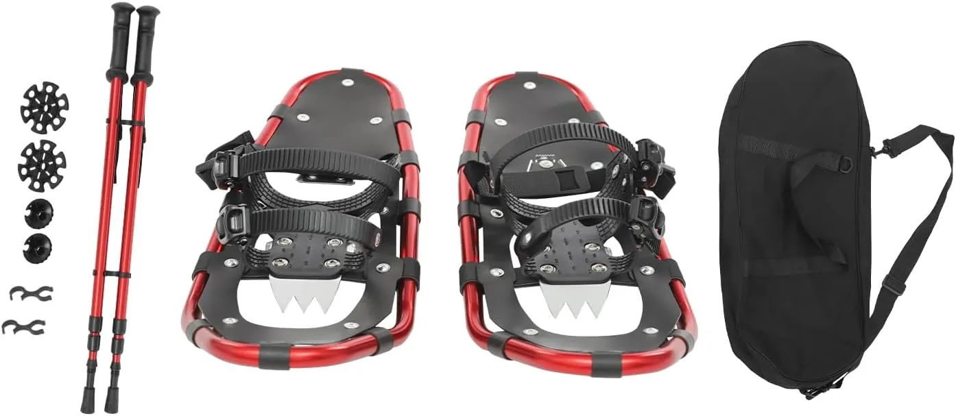 25" Lightweight Snow Shoes - Aluminum Frame Snow Shoes for Mens and Women with Adjustable Trekking Poles and Carrying Tote Bag, All-Terrain Snowshoes for Ski Resorts and Outdoor Skiing (Red)