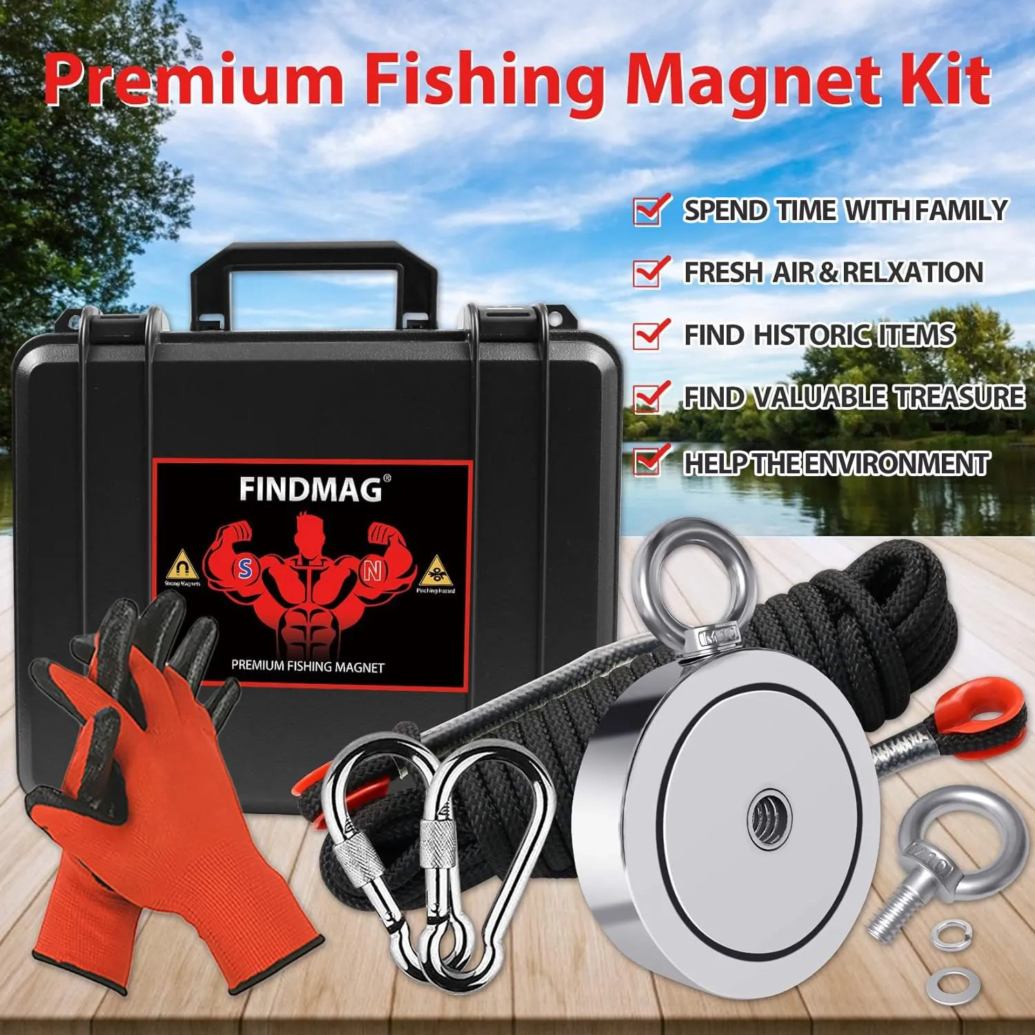 2625 lbs Double Sided Magnet Kit with Rope - Super Strong, 4.57" Diameter