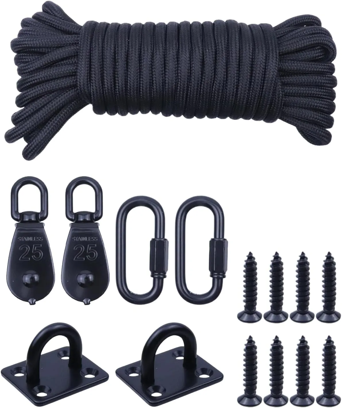 2pcs M25 Stainless Steel Pulley System Kit Black Pulley Block with 33ft Nylon Rope, M6 Eye Pad Plate Hooks and M6 Carabiner for Hammock Outdoor Clothesline (25mm)