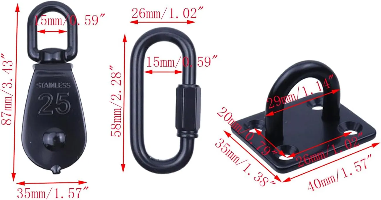 2pcs M25 Stainless Steel Pulley System Kit Black Pulley Block with 33ft Nylon Rope, M6 Eye Pad Plate Hooks and M6 Carabiner for Hammock Outdoor Clothesline (25mm)