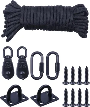 2pcs M25 Stainless Steel Pulley System Kit Black Pulley Block with 33ft Nylon Rope, M6 Eye Pad Plate Hooks and M6 Carabiner for Hammock Outdoor Clothesline (25mm)
