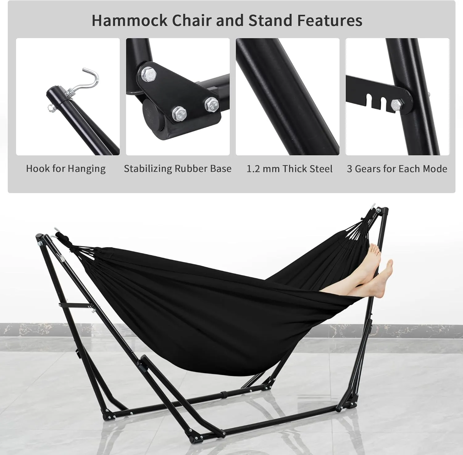 3 in 1 Hammock with Stand, Outdoor Hammock Swing Chair with Portable Heavy Duty Stand, Multi-Functional Hammock Stand 480 lbs Weight Capacit-Black