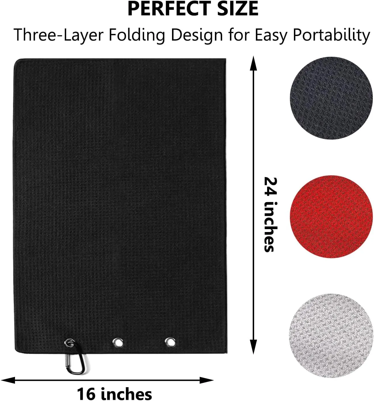 3 Pack Large Golf Towels, 16" x 24" Tri-Fold Portable Microfiber Fabric Waffle Pattern Golf Towel for Golf Bag with Carabiner Clip to Quickly Remove Sand, Mud, Dirt and Sweat