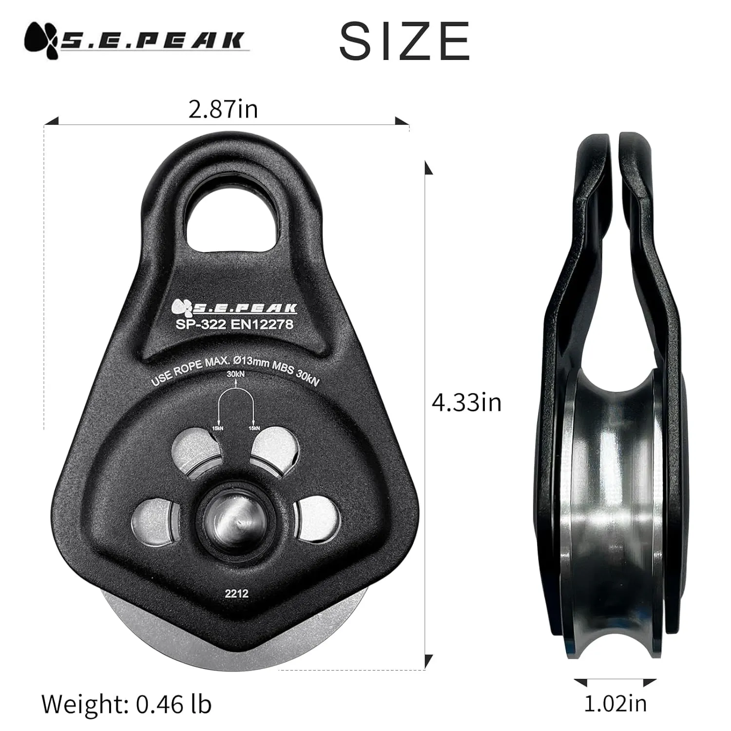 30kN Upgraded Rescue Single Pulley Sheave with Swing Plate,CE High Strength Pulley for Backyard Zipline, Climbing, Rock Rescue Lifting, Hauling, Fit Rope up to 13 mm/Holds Up to 6750lbs,Black