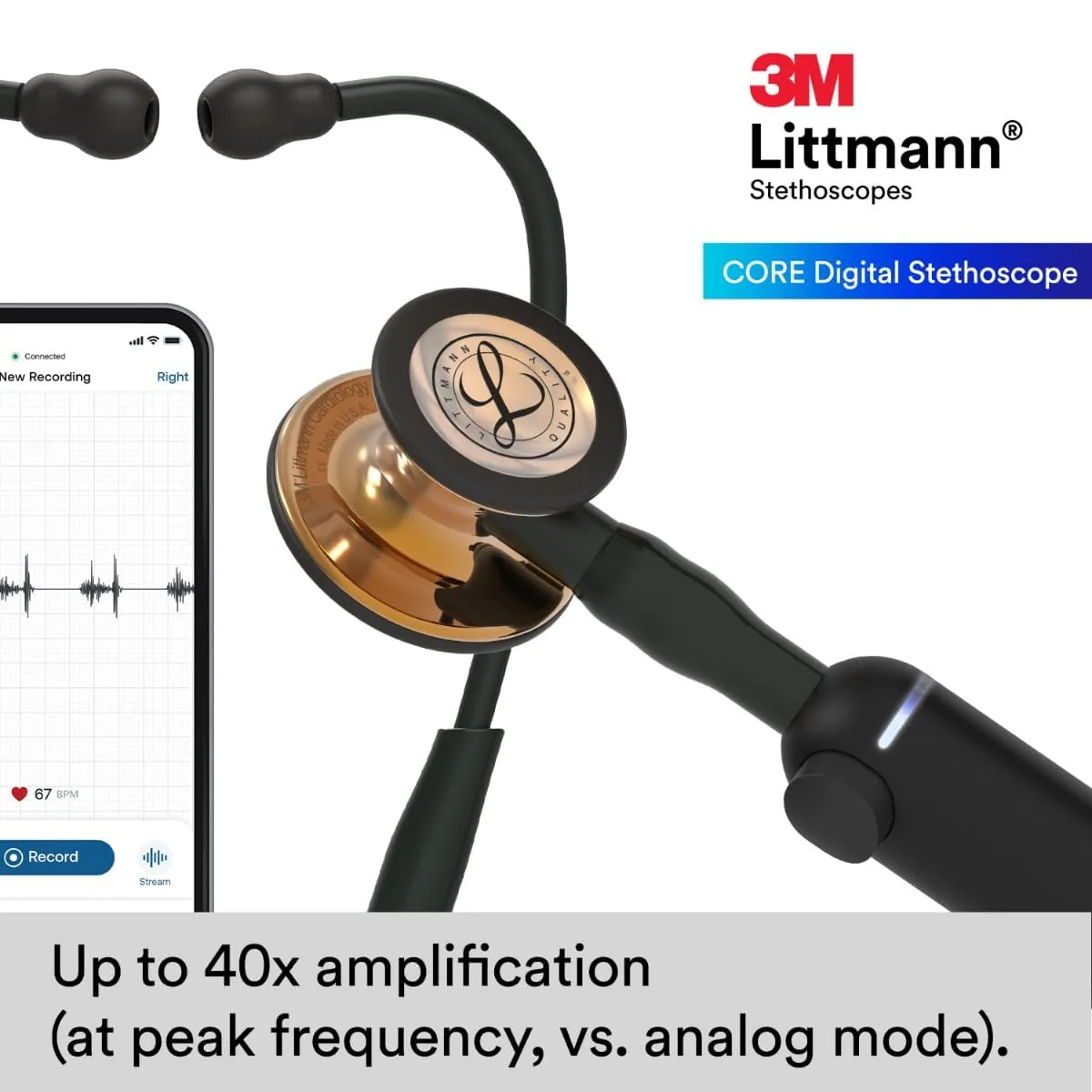3M Littmann CORE Digital Stethoscope, Our Most Advanced Stethoscope Yet, Up To 40x Amplification, Active Noise Cancellation, In-App Sound Wave Visualization, High Polish Copper Chestpiece, 8870