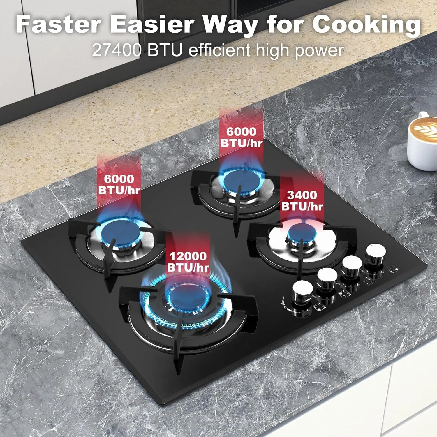 4 Burner Gas Stove Cooktop 24in, Glass Top Built-in Gas Cooking Hob, NG/LPG Compatible or use with Propane or Neutral Gas