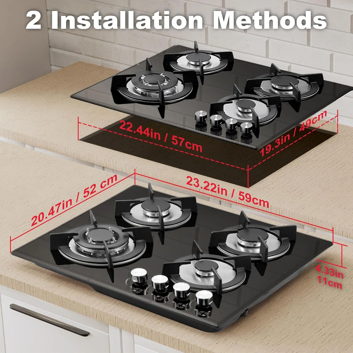 4 Burner Gas Stove Cooktop 24in, Glass Top Built-in Gas Cooking Hob, NG/LPG Compatible or use with Propane or Neutral Gas